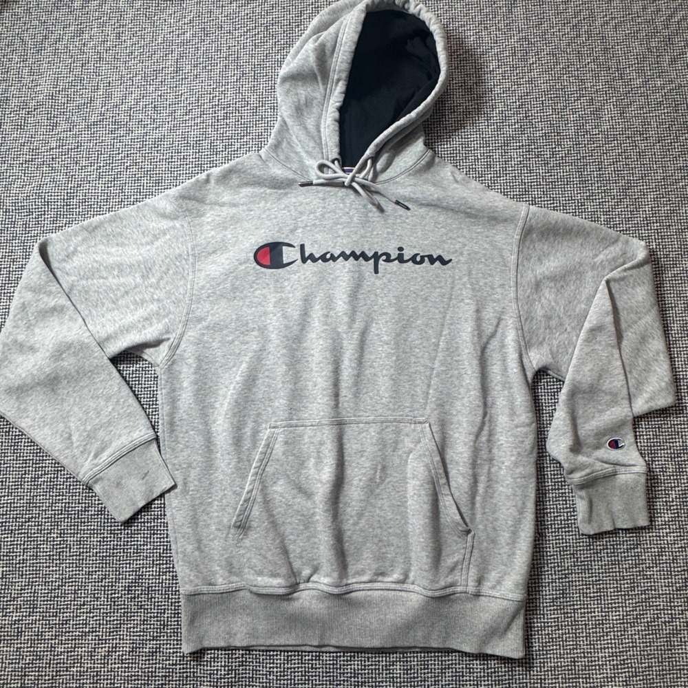 Champion Mens Heather Gray Script Logo Pullover Hoodie Sweatshirt Size M